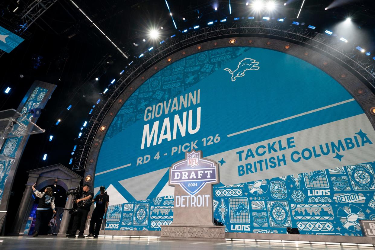 Michigan Governor Gretchen Whitmer leaves the main theater stage after she announces Giovanni Manu a tackle from British Columbia after the Lions traded up for the 126th pick on Saturday, April 26, 2024 for the third day of the NFL Draft in Detroit.