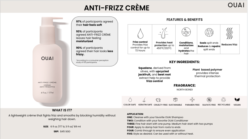 A diagram of the benefits and application process for Ouai's Anti-Frizz Creme. (PHOTO: Ouai)