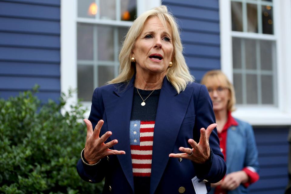 First lady Dr. Jill Biden speaks to a crowd during her visit to Portsmouth, July 3, 2021.