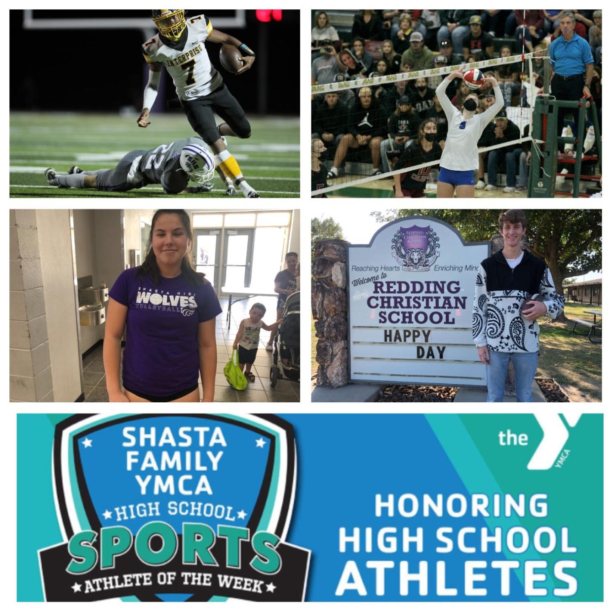 Enterprise quarterback Jaylen Johnson (top left), U-Prep senior Morgan Wilding (top right), Shasta senior Natalya Turner (middle left) and Redding Christian senior Joey Casey (middle right) were named Athletes of the Week.