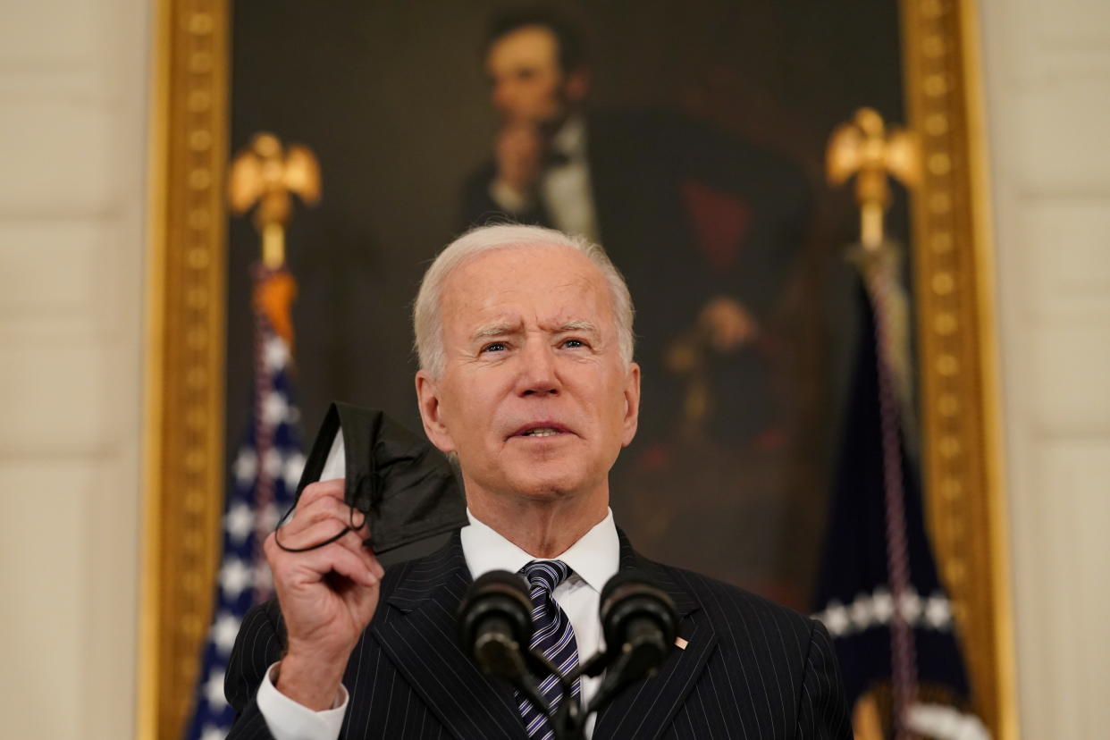 U.S. President Joe Biden delivers remarks on the state of the coronavirus disease (COVID-19) vaccinations from the State Dining Room at the White House in Washington, D.C., U.S., April 6, 2021. REUTERS/Kevin Lamarque     TPX IMAGES OF THE DAY