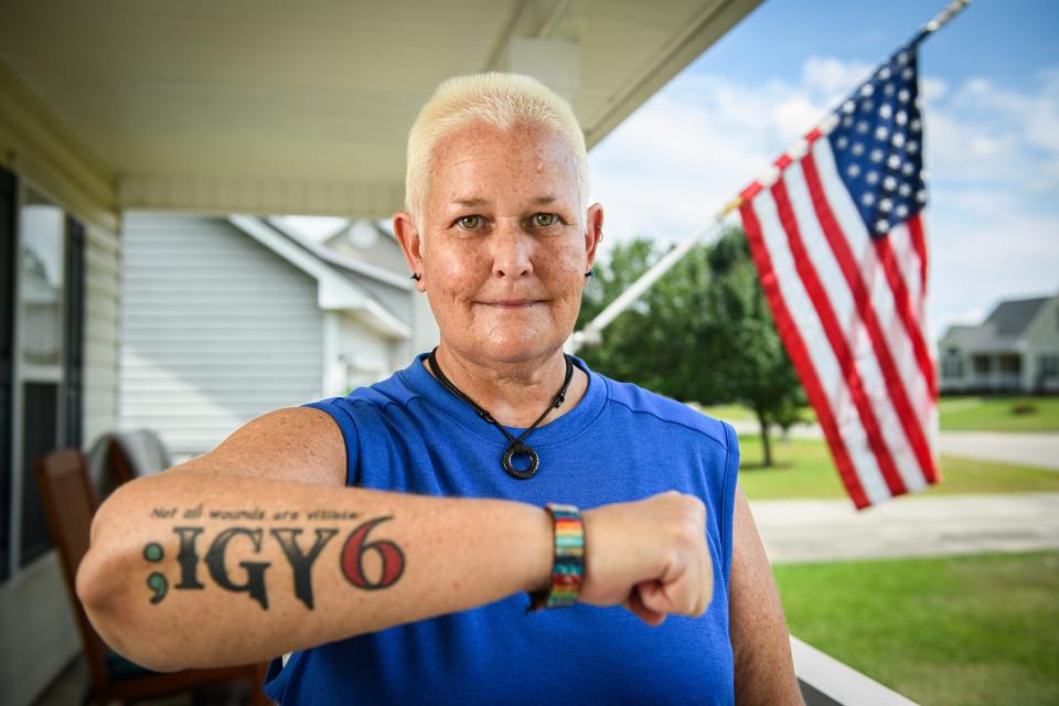 Melissa Jeffries, a former law enforcement officer and crime scene investigator, got a tattoo earlier this year to signify post traumatic stress disorder and mental health in law enforcement. IGY6 is shorthand for “I’ve got your 6,” or "I’ve got your back,” a common phrase among military and law enforcement.  The semi-colon, Jeffries said, signifies that her “story is not yet finished  — there's more to come.”