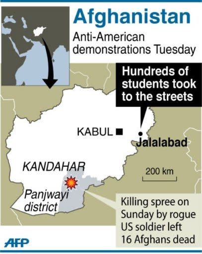 Map showing Jalalabad in eastern Afghanistan where hundreds of university students took to the streets Tuesday to protest a rampage by a US soldier who killed 16 villagers at the weekend