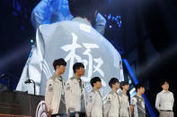 Team Invictus Gaming of China pose before battle against team Liquid during the League of Legends (LOL) Mid-Season Invitational in Taipei, Taiwan May 17, 2019. REUTERS/Tyrone Siu