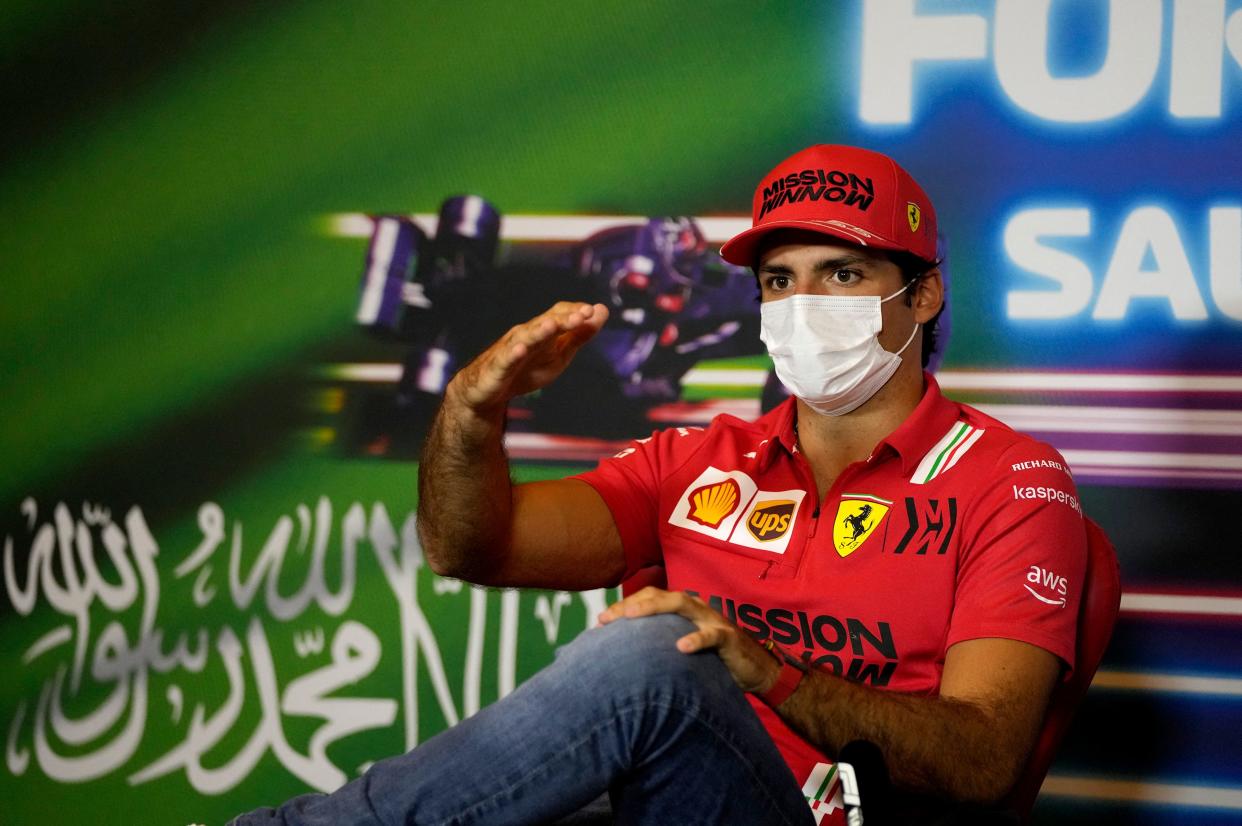 Ferrari's Spanish driver Carlos Sainz Jr attends the press conference ahead of the Formula One Saudi Arabian Grand Prix at the Jeddah Corniche Circuit in Jeddah, Saudi Arabia, on December 2, 2021. (Photo by Hassan AMMAR / various sources / AFP) (Photo by HASSAN AMMAR/AFP via Getty Images)