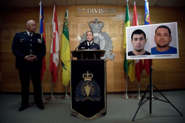 PHOTO: Assistant Commissioner Rhonda Blackmore speaks while Regina Police Chief Evan Bray, left, looks on during a press conference at RCMP 'F' Division Headquarters in Regina, Saskatchewan, on Sunday, Sept. 4, 2022.  (The Canadian Press via AP)