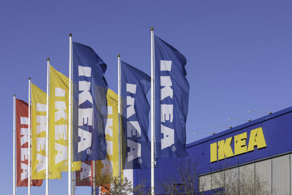 Flags outside the Ikea store in Barkarby outside Stockholm, Sweden.