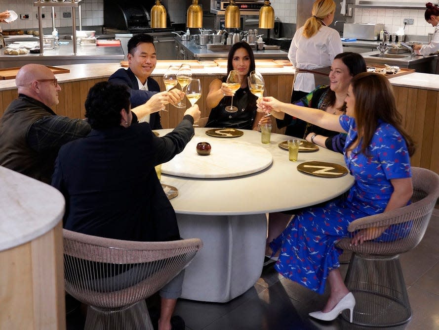 Pictured: (l-r) Tom Colicchio, Buddha Lo, Padma Lakshmi, Sara Bradley, Gail Simmons on "Top Chef: World All Stars" finale