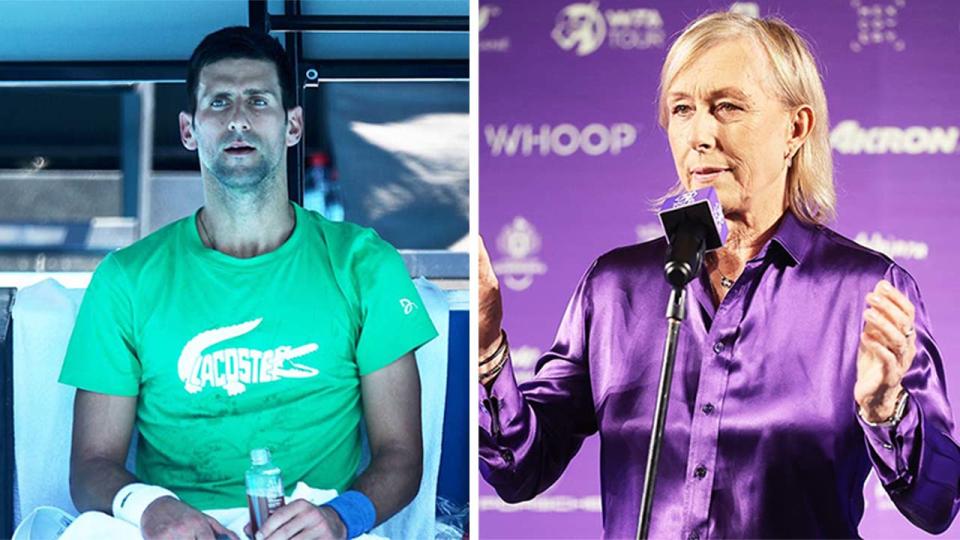 Martina Navratilova (pictured right) speaking a WTA function and (pictured left) Novak Djokovic taking a break from training.