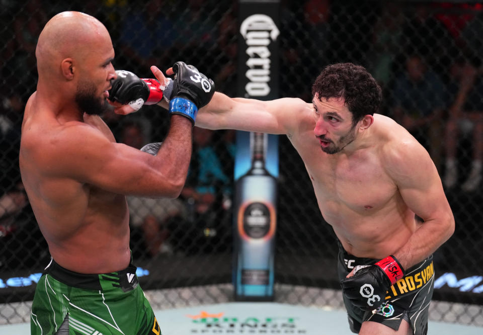 LAS VEGAS, NEVADA – JUNE 17: (R-L) Armen Petrosyan of Russia punches Christian Leroy Duncan of England in a middleweight fight during the UFC Fight Night event at UFC APEX on June 17, 2023 in Las Vegas, Nevada. (Photo by Chris Unger/Zuffa LLC via Getty Images)