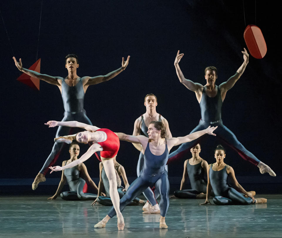 In this undated photo provided by American Ballet Theater, Natalia Osipova and Ivan Vasiliev lead the cast of Alexei Ratmansky's Piano Concerto #1. (AP Photo/American Ballet Theater, Gene Schiavone)