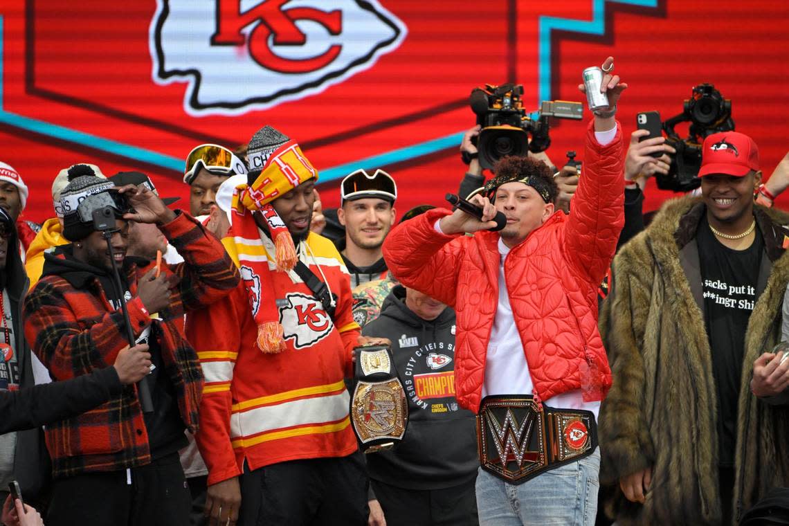 Kansas City Chiefs quarterback Patrick Mahomes fired up the crowd on stage in front of Union Station during the Kansas City Chiefs Super Bowl LVII victory parade Wednesday, Feb. 15, 2023, in downtown Kansas City.