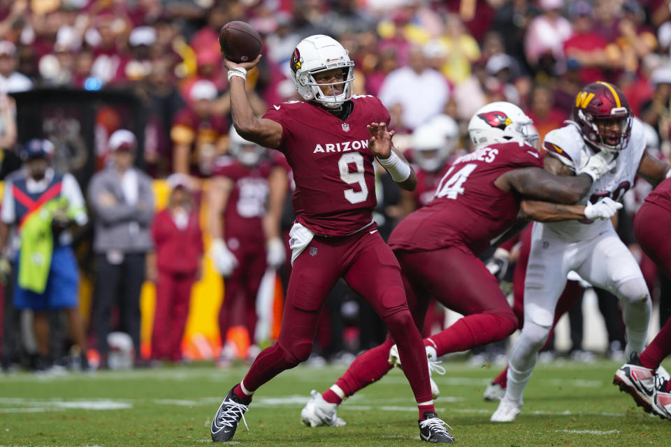 Arizona Cardinals quarterback Joshua Dobbs (9) passing the ball against the Washington Commanders during the second half of an NFL football game, Sunday, Sept. 10, 2023, in Landover, Md. (AP Photo/Susan Walsh)