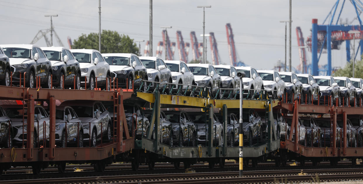 HAMBURG, GERMANY - JUNE 10: A freight train loaded with cars stands at Hamburg Port during the novel coronavirus pandemic, on June 10, 2020 in Hamburg, Germany. According to Germany's Federal Statistics Bureau Germany's total exports fell by 31% in April as compared to one year ago. Lockdown measures have since largely eased and most factories have resumed production, though supply chains remain fractured. (Photo by Morris MacMatzen/Getty Images)