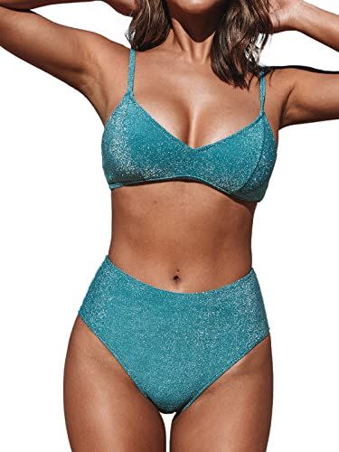 5) Sparkle High Waisted V Neck Adjustable Bathing Suit