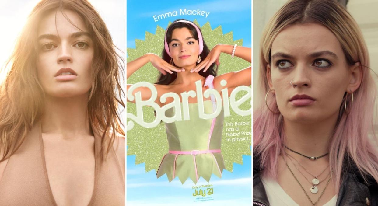 L-R: Emma Mackey's new Burberry campaign, Barbie film poster and in Sex Education. (Burberry/Barbie/Netflix)