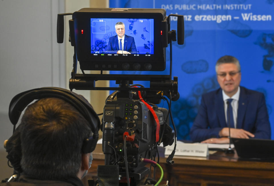 The head of the Robert Koch Institute, German national agency and research institute, responsible for disease control and prevention, Lothar Wieler, briefs the media during a press conference on the coronavirus and the COVID-19 disease situation in Berlin, Germany, Thursday, Jan. 14, 2021. ( John MacDougall/Pool via AP)