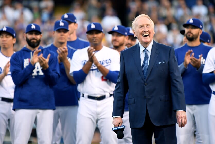 LOS ANGELES, CALIFORNIA MAY 1, 2017-Vin Scully is all smiles as the former broadcaster.