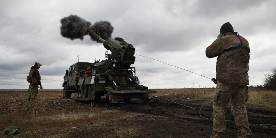 Ukrainian soldiers fire with a 2S22 Bohdana self-propelled howitzer on Russian positions on October 17, 2023 in Donetsk Oblast, Ukraine.