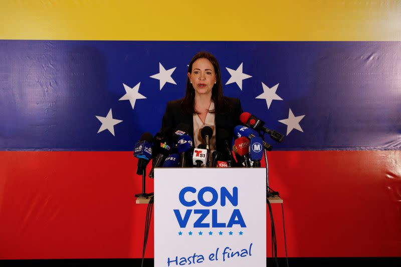 Maria Corina Machado, the winner of Venezuela's opposition presidential primary, addresses the media, in Caracas