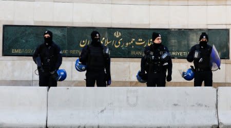 FILE PHOTO: Turkish riot police stand guard in front of the Iranian Embassy during a protest against Iran's role in Aleppo, in Ankara, Turkey, December 15, 2016. REUTERS/Umit Bektas