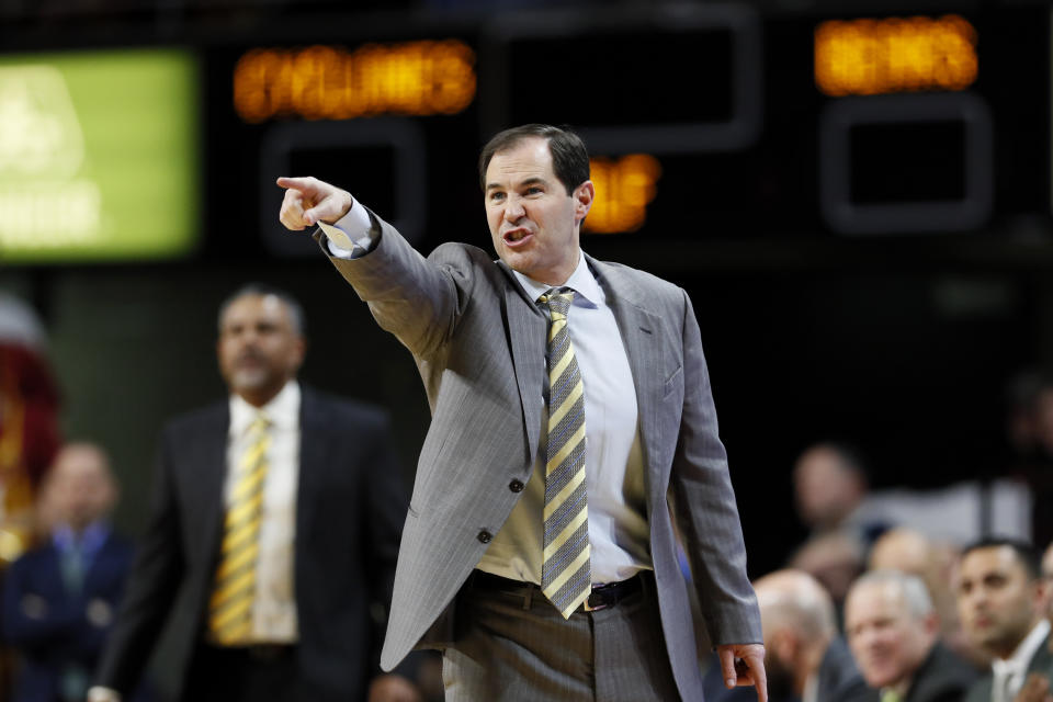 Baylor coach Scott Drew gestures during the first half of the team's NCAA college basketball game against Iowa State, Wednesday, Jan. 29, 2020, in Ames, Iowa. (AP Photo/Charlie Neibergall)