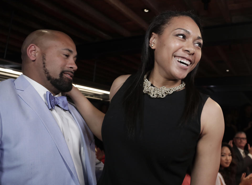 CORRECTS TO NO. 4, INSTEAD OF NO. 3, PICK - Allisha Gray reacts after being selected as the No. 4 pick in the WNBA basketball draft by the Dallas Wings, Thursday, April 13, 2017, in New York. (AP Photo/Julie Jacobson)