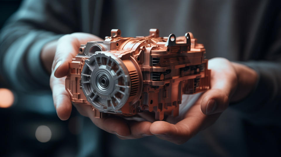 A closeup of a hand holding a car engine component, highlighting the precision of the company's engineering.