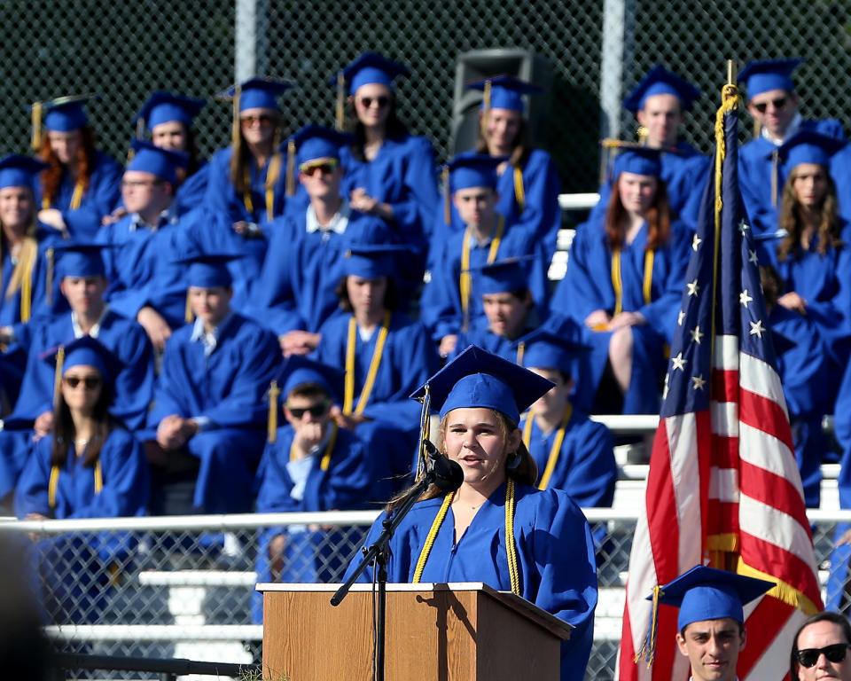 Class President Tia Cantor offers opening remarks during Norwell High's graduation at the school Saturday, June 4, 2022.