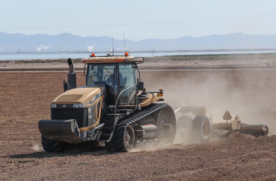 A tractor works a field at the Elmore Desert Ranch in 2019.