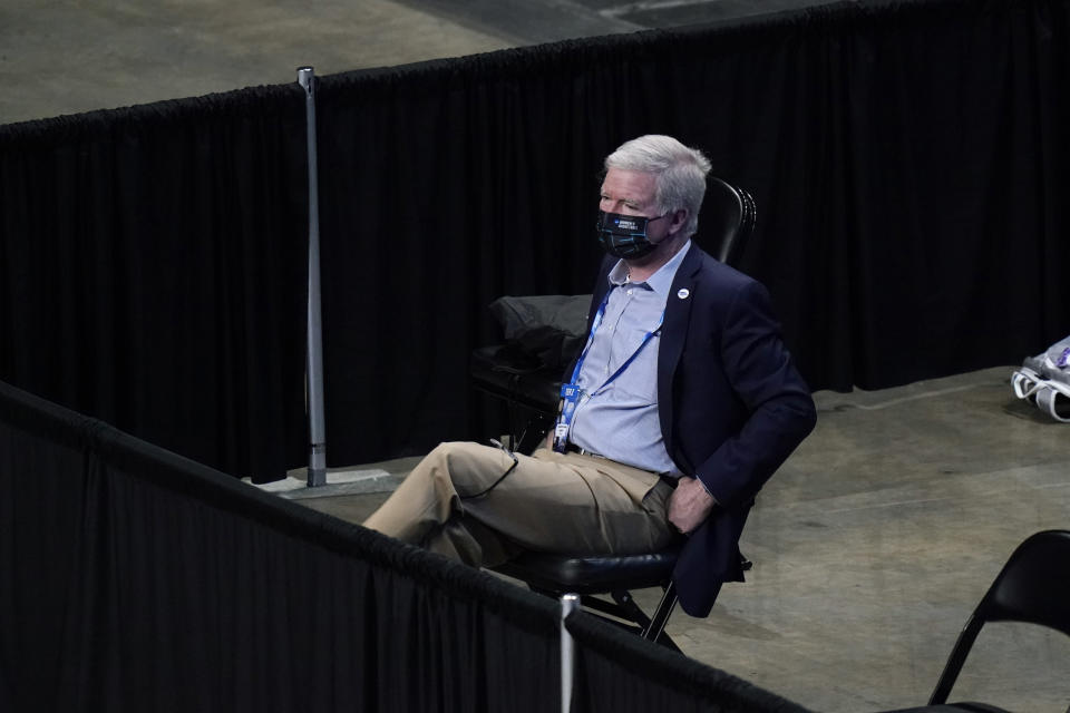 NCAA president Mark Emmert watches the first half of a college basketball game between North Carolina State and South Florida in the second round of the women's NCAA tournament on March 23, 2021. (AP)