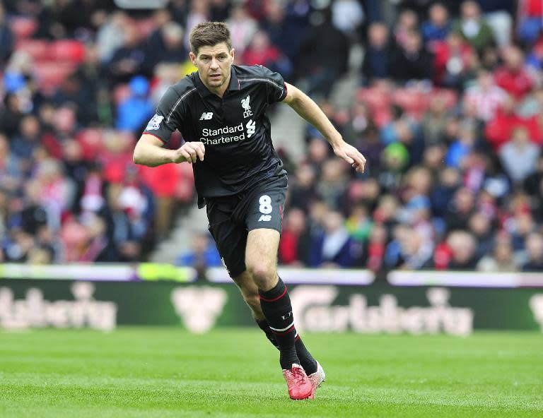 Steven Gerrard plays his last game for Liverpool during the Premier League match against Stoke City at the Britannia Stadium on May 24, 2015