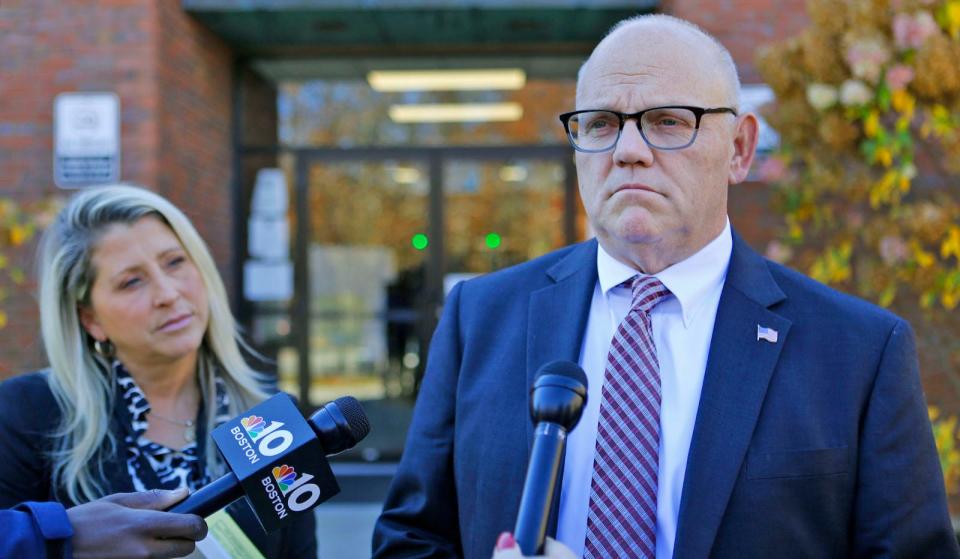 District Attorney Timothy Cruz speaks about the case outside the Hingham courthouse after Norwell pediatrician Dr. Richard Kauff was arraigned Monday Nov. 20, 2023, on charges of sexual assault as a result of complaints from former patients.