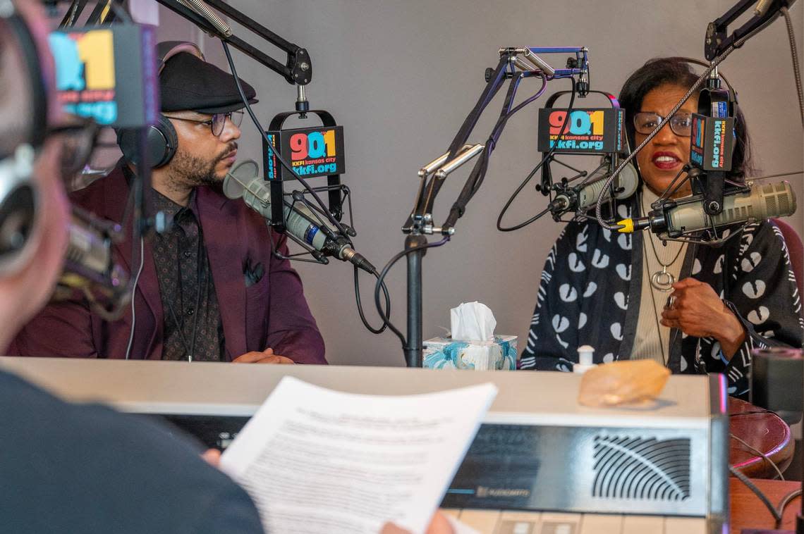 Mark Manning, host of KKFI Community Radio’s Wednesday MidDay Medley show, interviewed Kansas City Star’s culture and identity reporter J.M. Banks, left, and Mara’ Rose Williams, assistant managing editor of race and equity recently. The two talked about the new season of The Voices of Kansas City a Star and KKFI radio project collaboration. This year’s episodes show case Black Kansas City actiists. Emily Curiel/ecuriel@kcstar.com