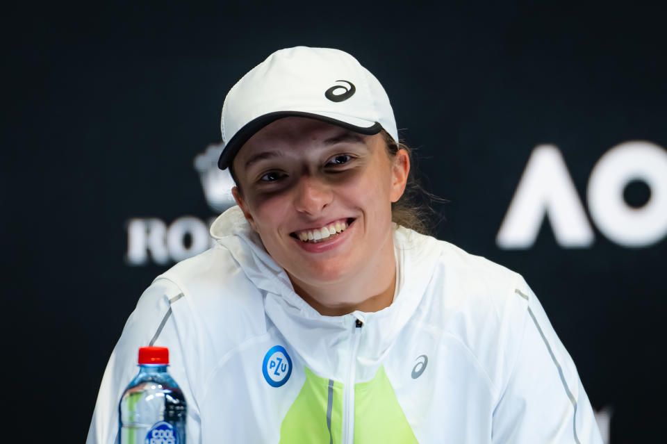 MELBOURNE, AUSTRALIA - JANUARY 14: Iga Swiatek of Poland talks to the media ahead of the 2023 Australian Open at Melbourne Park on January 14, 2023 in Melbourne, Australia (Photo by Robert Prange/Getty Images)