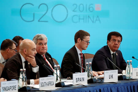 Spanish Secretary of State for Commerce Jaime Garcia-Legaz, British Trade and Investment Minister Mark Price, U.S. Deputy Trade Representative Michael Punke, Turkish Economy Minister Nihat Zeybekci (front L-R) attend the opening ceremony of the 2016 G20 Trade Ministers Meeting in Shanghai, China July 9, 2016. REUTERS/Aly Song