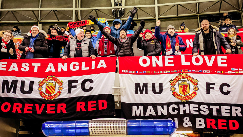 ASTANA, KAZAKHSTAN - NOVEMBER 28: Manchester United fans wait in the stand ahead of the UEFA Europa League group L match between FK Astana and Manchester United at Astana Arena on November 28, 2019 in Astana, Kazakhstan. (Photo by Ash Donelon/Manchester United via Getty Images)