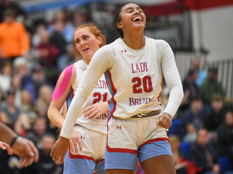 USJ's Ava Barham (21) and Haylen Ayers (20) celebrates as Barham makes the And-1 attempt late in the fourth quarter during the TSSAA Girls Basketball game between University School of Jackson vs Jackson Christian School in Jackson, Tenn., on Friday, Jan. 5, 2024.