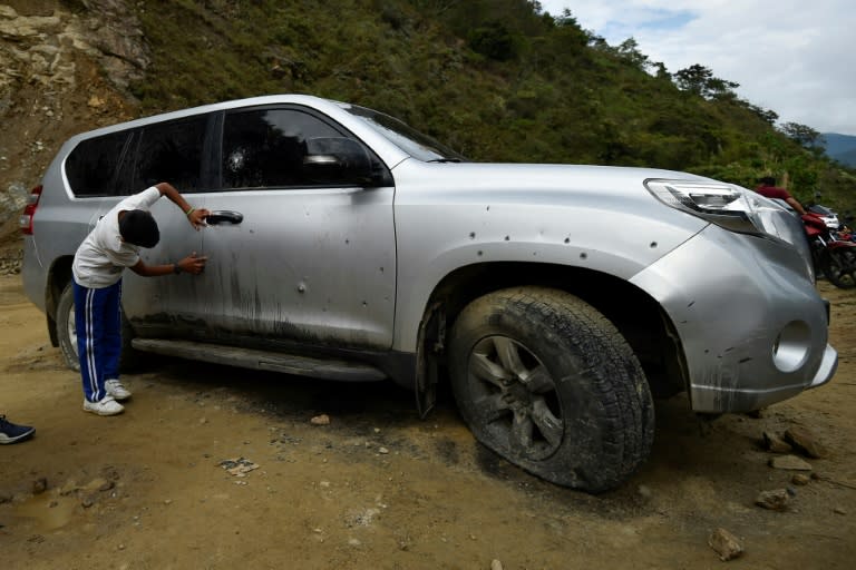 Un véhicule des gardes indigènes cribblé de balles, à Tacueyo dans le département du Cauca en Colombie le 30 octobre 2019