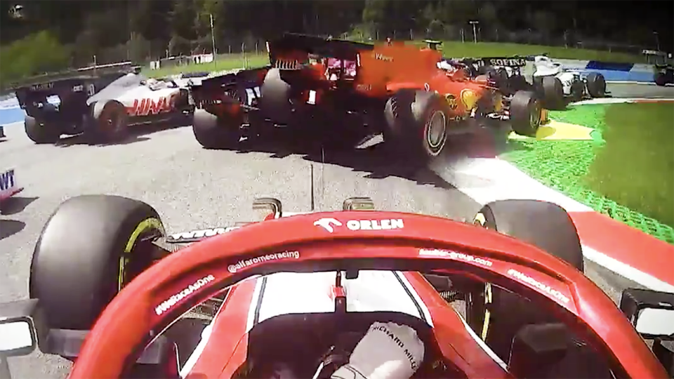 Ferrari driver Charles Leclerc is seen colliding with Sebastian Vettel, from the perspective of the training Alfa Romeo of Kimi Raikkonen.
