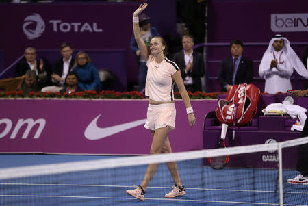 Tennis - WTA Premier 5 - Qatar Open - Finals - Doha, Qatar - February 18, 2018. Petra Kvitova of Czech Republic celebrates after defeating Gabrine Muguruza of Spain. REUTERS/Ibraheem Al Omari