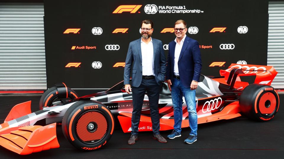 Oliver Hoffmann of Audi and Markus Duesmann Audi CEO announce that Audi will join F1 as an engine supplier from the 2026 season prior to practice ahead of the F1 Grand Prix of Belgium at Circuit de Spa-Francorchamps on August 26, 2022 in Spa, Belgium - Formula 1/Formula 1 via Getty Images)