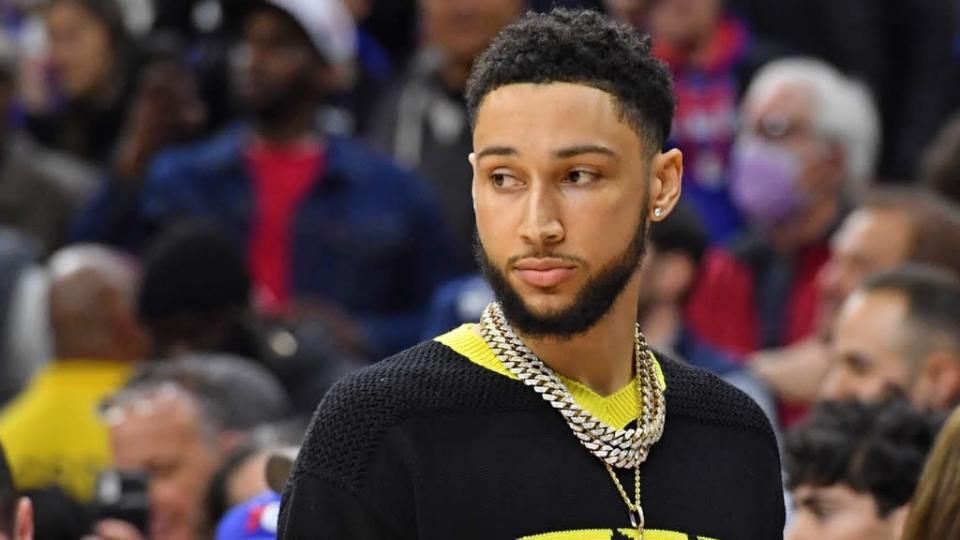 Ben Simmons in street clothes close up before game in Philly