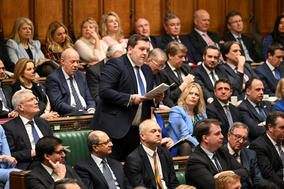 Britain's MP Louie French speaks during Prime Minister's Questions, at the House of Commons in London, Britain, March 6, 2024. UK Parliament/Andy Bailey/Handout via REUTERS    THIS IMAGE HAS BEEN SUPPLIED BY A THIRD PARTY. MANDATORY CREDIT. IMAGE MUST NOT BE ALTERED.