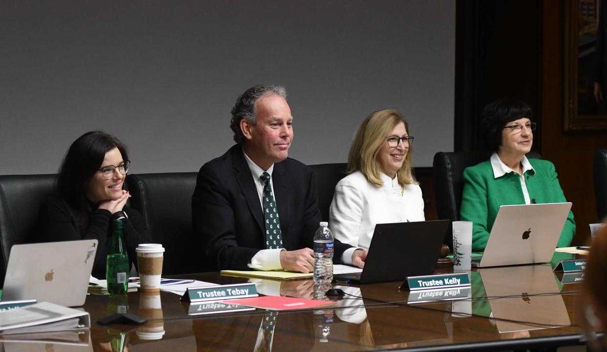 From l. MSU Board of Trustees members Kelly Tebay, Dan Kelly, Interim President Teresa Woodruff, and Trustee Dianne Byrum, pictured 
Friday, Dec. 16, 2022, during a Board of Trustees meeting at the Hannah Administration Building.