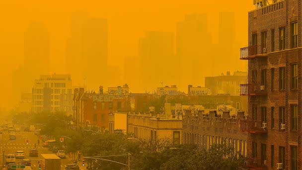 PHOTO: A view of the hazy city during bad air quality as smoke of Canadian wildfires brought in by wind in New York, June 7, 2023. (Selcuk Acar/Anadolu Agency via Getty Images)