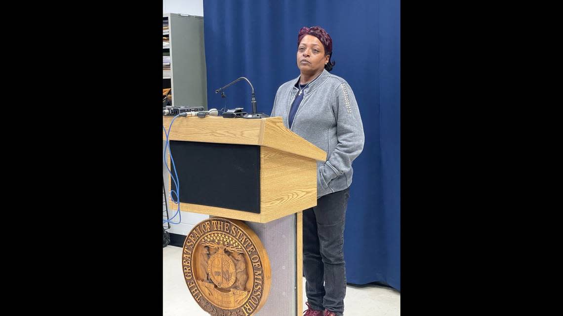 Gerjuan Rowe, Angela Rowe’s sister, speaks after Leonard Taylor was executed on Feb. 7, 2023, at Eastern Reception, Diagnostic and Correctional Center in Bonne Terre. “Justice was served,” she said.