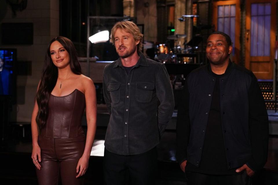 'Saturday Night Live' musical guest Kasey Musgraves, host Owen Wilson, and cast member Kenan Thompson