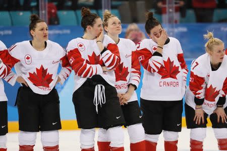 Feb 22, 2018; Gangneung, South Korea; Canada players react after losing to the United States in the women's ice hockey gold medal match during the Pyeongchang 2018 Olympic Winter Games at Gangneung Hockey Centre. Mandatory Credit: David E. Klutho-USA TODAY Sports