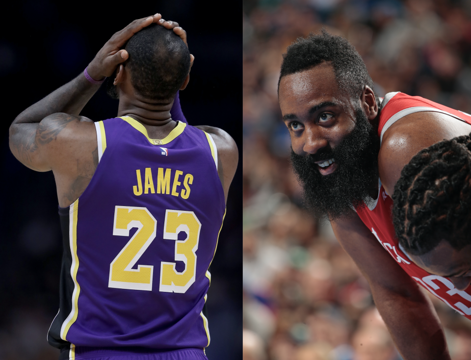 James Harden may have trolled LeBron James by wearing suit shorts. (Images via Getty)